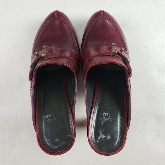 Stuart Weitzman Red Leather Clog Womens 6 Slip On Heel Studded Buckle Mule - Picture 11 of 16